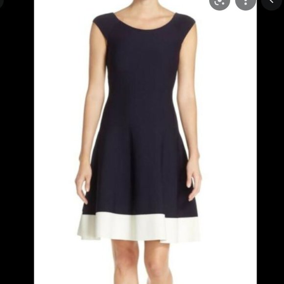 Eiza J Fit & Flare Knit Blue White Color block Dress Sz 2 - Picture 1 of 5